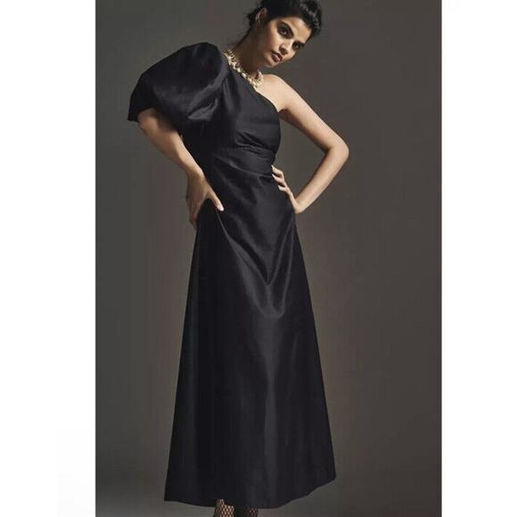 Aureta Studio One-Shoulder Puff-Sleeve Dress Size 2X Black - Picture 1 of 10